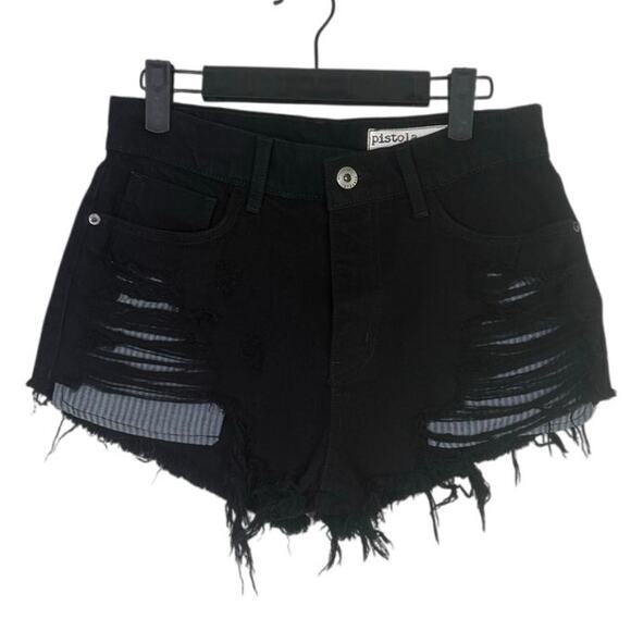 Pistola Cutoff Distressed Jean Shorts Raw Ripped Hem High Rise Pockets 27 Black - Picture 12 of 14